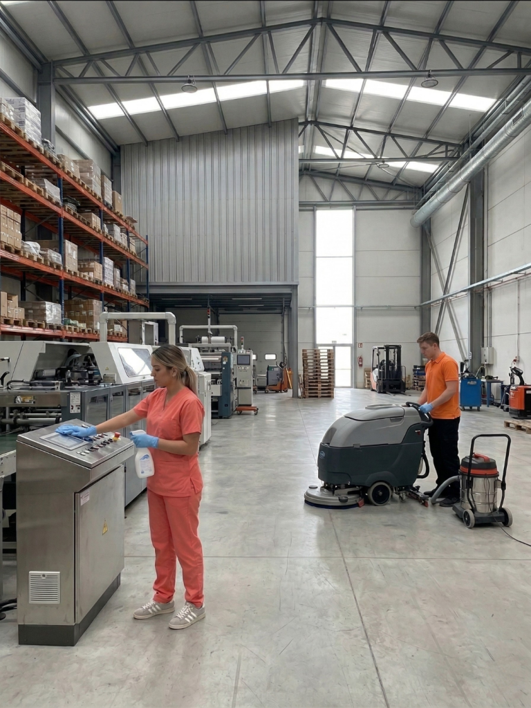 limpiadores de volvoreta marix haciendo una limpieza de naves industriales